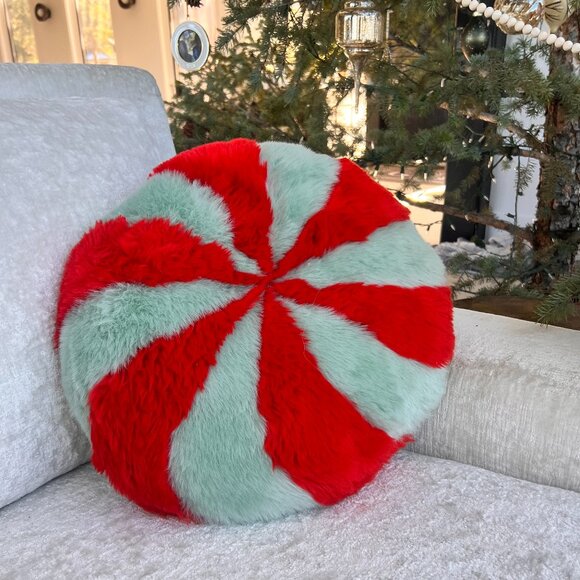 Discontinued Brand New Anthropologie Peppermint  Green&Red Faux Fur Pillow - Picture 2 of 5